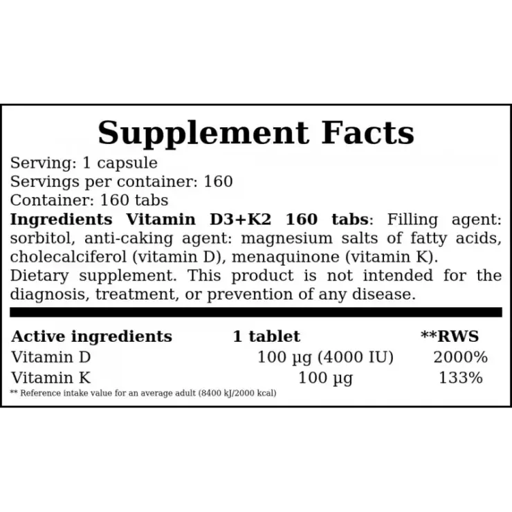 Vitamin D3 4000IU + K2 MK7 – Hiro.Labs | 160 tabs - Image 2